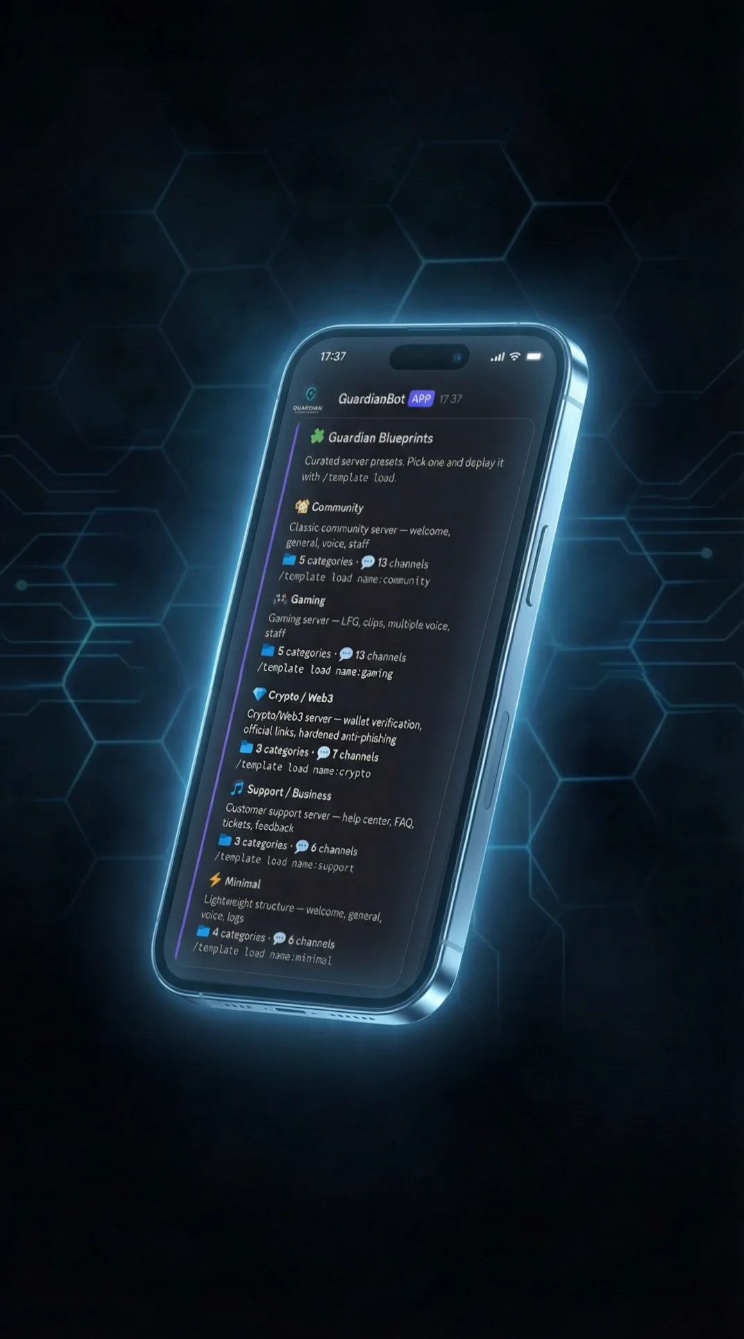 Guardian Bot server templates — blueprint system showing Community, Gaming, and Crypto server presets on mobile